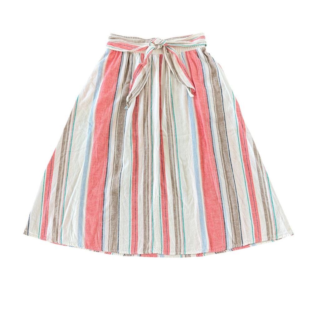 Linen Blend Beachy Tie Waist Midi Skirt Small 4-6 Striped Pull On Coastal Summer